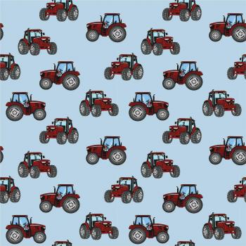 Baumwolle bedruckt Traktor Rot auf Hellblau